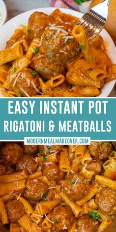 Pasta and meatballs in a white bowl. Rigatoni And Meatballs, Easy Instant Pot Pasta, Wellington Bites, Meatball Pasta Recipes, Pasta And Meatballs, Instant Pot Pasta, Easy Ground Beef, Best Instant Pot Recipe