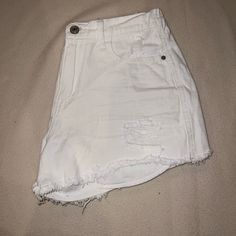 Ripped White High-Rise Shorts, Never Worn, In Perfect Condition White Frayed Hem Summer Shorts, Summer High Rise White Bottoms, White Summer Shorts With Frayed Hem, White Stretch Cutoff Jean Shorts, High Waist White Bottoms With Frayed Hem, White High-waist Bottoms With Frayed Hem, White Frayed Hem Shorts, High Rise Shorts, High Rise Jeans