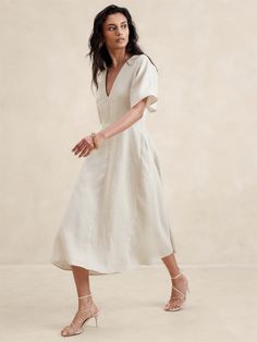 Maya Linen Midi Dress | Banana Republic Linen Dresses Elegant, Weather Clothes, Linen Wrap Dress, Linen Dress Women, Summer Ootd, Minimalist Women, Guest Attire, Linen Midi Dress, Warm Weather Outfits