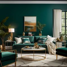 a living room with green walls and gold accents