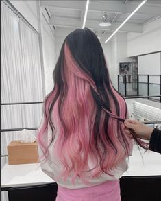 Black On Top Pink Underneath Hair, Pink Hair Tips Black, Pink Ombre Black Hair, Hidden Hair Dye Ideas, Pastel Pink Streaks In Black Hair, Light Pink Peekaboo Hair Dark Brown, Pink Bottom Hair, Black Pink Ombre Hair, Black Pink Balayage