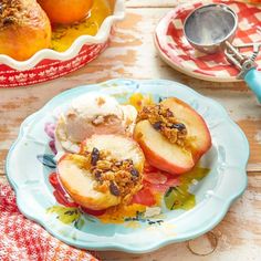 an image of apples with ice cream and nuts on the plate in front of them