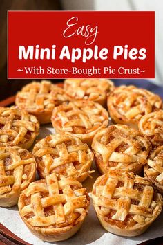 mini apple pies with store bought pie crust on a wooden platter and text overlay