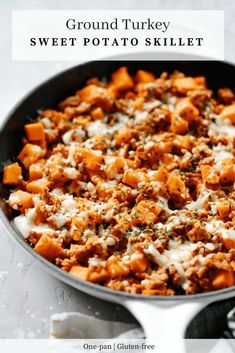 ground turkey sweet potato skillet with cheese and parmesan sauce in a pan