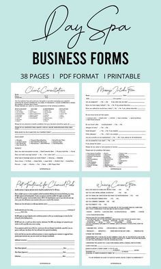 Ever think of starting up your own Day Spa? Make the process much easier with these business forms for starting a Day Spa! All the forms you need to open or manage and run your upscale day spa. This Day Spa business kit is complete with 38 pages in PDF format. The forms are 8.5 x 11 in. You can now EDIT THIS KIT IN CANVA! The forms included in this listing are: - Client History Form - Client Intake Form - Client Consultation - Massage Intake Form - Waxing Intake Form - Facial Intake Form - Pregn Facial Intake Form, Waxing Consent Form, Massage Intake Forms, Client Consultation, Client Intake Form, Business Kit, Mobile Spa