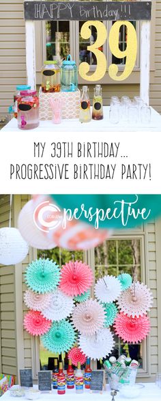 a birthday party with paper flowers and decorations in front of a sign that says, my 39