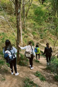 group of people walking up a dirt path in the woods, with backpacks on their backs