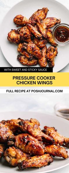 chicken wings on a white plate with sauce in the middle and pressure cooker chicken wings