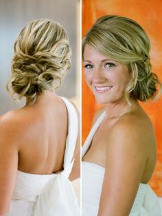 two different pictures of a woman with blonde hair wearing a white dress and smiling at the camera