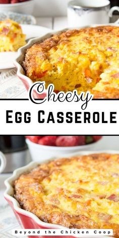 an egg casserole in a red dish with the words cheesy on it