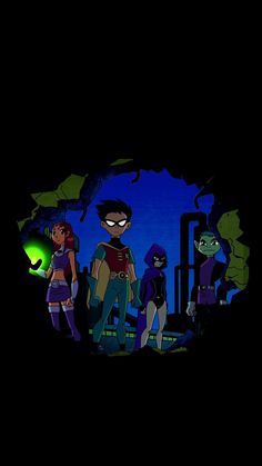 cartoon characters standing in front of a dark tunnel with green light coming from the entrance