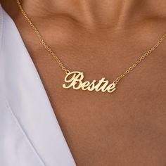 Show your BFF you care with this Bestie Necklace! Perfect for any occasion, it will remind them of your friendship and all the special times you've shared. Put it on and show the world what Besties are made of – a bond nothing can break! A sweet surprise that's sure to put a twinkle in their eye. The ultimate BFF gift! Besties 4evaaaa! 18K Gold Plated Stainless Steel Adjustable 16.9” Length 3" Extender Jewelry Care: It is important to gently clean your jewelry with a soft cloth after each use. W Trendy Customizable Charm Necklaces For Gifts, Trendy Customizable Charm Necklaces As Gift, Customized Necklace For Best Friend Or Mother's Day, Meaningful Adjustable Necklace For Best Friend, Adjustable Meaningful Necklace For Best Friend, Customized Necklace For Best Friend For Mother's Day, Customized Necklace For Best Friend Gift On Mother's Day, Inspirational Necklaces For Best Friend Gift, Trendy Custom Name Necklace For Gift