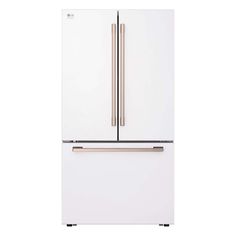 a white refrigerator freezer with two gold handles