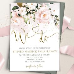 wedding card with pink flowers and gold foil