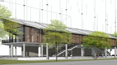 an artist's rendering of the exterior of a building with trees on each side