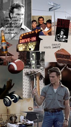 the collage shows many different things that are in this photo, including an image of a man holding a baseball bat