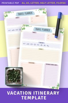 the printable vacation itinerary template is on top of a purple and yellow striped background