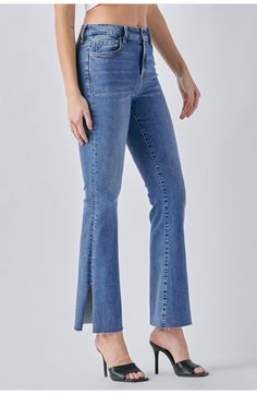 These high rise jeans feature a clean medium blue wash with side slits by the ankle and a slightly flared fit for a perfect everyday pair that can be dressed up or down. Fabric Details: 93% Cotton 5% Polyester 2% Spandex Care Instructions: Machine wash cold, tumble dry low Effortless Outfit, Timor Leste, Denim Flares, Caicos Islands, High Rise Jeans, Guinea Bissau, Fabric Details, Mozambique, Turks And Caicos Islands