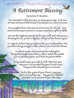 a poem written on the beach with palm trees and water in the background that says,'a retirement blessing '