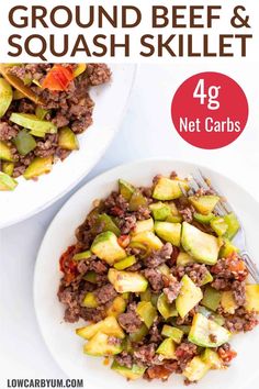 two white plates filled with ground beef and squash skillet on top of a table