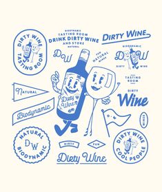 a blue and white poster with different types of wine on it, including the words dirty wine