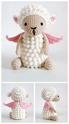 the crocheted sheep is wearing a pink scarf