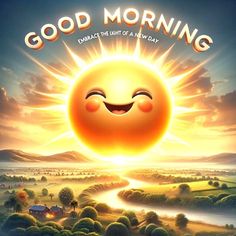 an advertisement for good morning with a smiley face on the sun and hills in the background