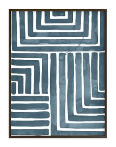 a blue and white abstract painting with lines in the shape of rectangles on paper