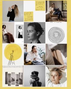 a collage of photos with different people and things in them that are yellow, white, black and grey