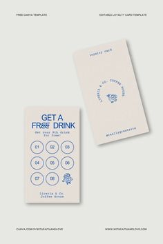 a white and blue business card with the words get a free drink on it