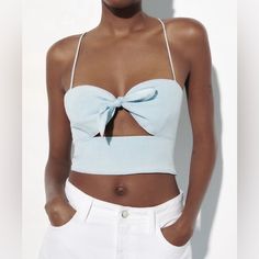 New W/O Tags - Zara Front-Tie Crop Top - Size M V Neck Top With Bow In The Front And Spaghetti Straps That Cross In The Back Light Blue Belly Top, Metallic Crop Top, Beige Crop Tops, Leather Crop Top, Top With Bow, Sheer Sweater, Satin Crop Top, Denim Crop Top, Tie Crop Top