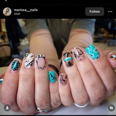 Mexico Cruise Nails, Western Nail Art Turquoise, Western Turquoise Nails, Western Christmas Nails, Nfr Nails, Nail School, Black Gel Nails