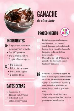 a recipe for chocolate ice cream with ingredients in spanish, english and spanish on pink background