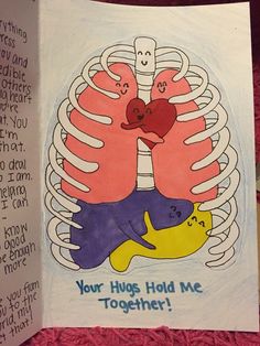 an open book with the words your hugs hold me together on it and a drawing of a ribca