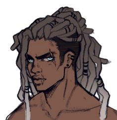 a drawing of a man with dreadlocks on his head and blue eyes in front of him