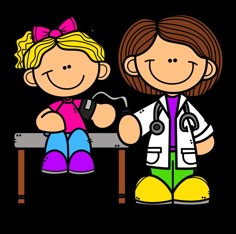 two children sitting at a table with a stethoscope