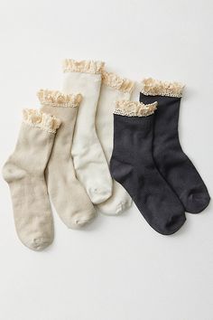 So perfect pair of socks featured in a waffle knit fabrication and crew-style with feminine floral detailing, dainty ruffled trim, and a seamed heel and toe. * Pack of 3 pairs | Ruffle Sock Pack by Free People in White White Frilly Socks, Ruffle Sock, Frilly Socks, Ruffled Socks, 70s Outfits, Hooded Denim Jacket, Best Stocking Stuffers, Cruise Outfits, Sock Packs