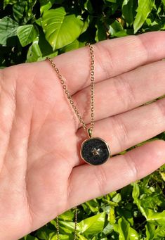 Handmade necklace with black circle shaped pendant with star, 17.8 x 2.13mm gold enamelled stainless steel chain, 2.53mm. Black Circle, Circle Shape, Gold Enamel, Handmade Necklace, Organic Beauty, Star Necklace, Steel Chain, Stainless Steel Chain, Handmade Necklaces