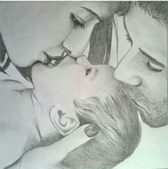 a pencil drawing of a man kissing a woman's forehead with her eyes closed