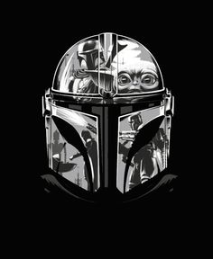 the boba fett helmet from star wars is shown in black and white on a dark background