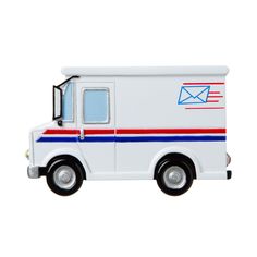 a mail truck with an envelope on the side and blue, white, and red stripes