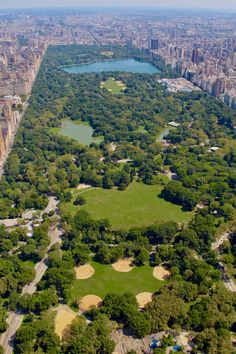 an aerial view of a city park with lots of trees and buildings in the background