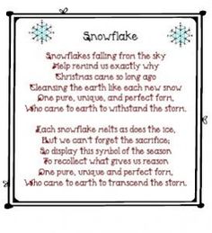 the poem snowflake is written in red and black on a white background with an ornate frame