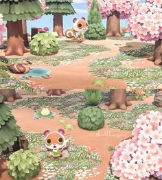 the animal crossing game has many trees and flowers on it's ground, with animals in the background