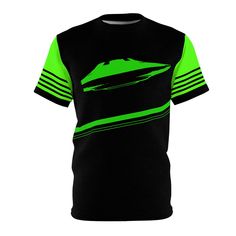 a black and green shirt with a boat on it