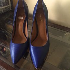 Never Worn Blue Leather Heels For Work, Coach Heels With 4-inch Heel For Formal Occasions, Coach Heels For Evening With Branded Insole, Coach Heels For Evening, Classic Blue Heels Medium Width, Blue Leather Heels For Office, Classic Blue Medium Width Heels, Chic Blue Leather Heels, Classic Blue Heels For Work