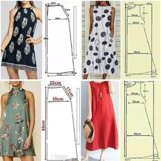 sewing patterns for dresses and skirts, including one with an open neckline in different colors