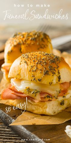 How to Make Funeral Sandwiches (EASY slider recipe!) Ham And Cheese Party Sandwiches, Hawaiian Sandwiches, Hawaiian Roll Sandwiches, Hot Ham And Cheese, Sandwich Melts, Hawaiian Sliders, Easy Slider Recipes, Rolled Sandwiches, Family Dinner Night