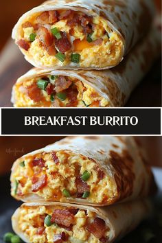 two breakfast burritos stacked on top of each other with bacon, eggs and cheese