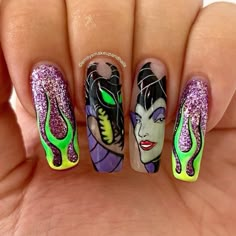 Flames Nails, Disney Halloween Nails, Disney Princess Nails, Disney Nail Designs, Disney Acrylic Nails, Horror Nails